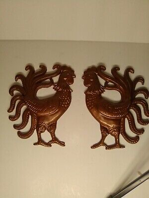 Lot of 2 Vtg Cast Iron Metal Roosters Chicken MCM Wall Hanging Copper color
