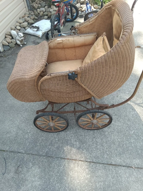 Vintage WICKER STROLLER Heywood pram antique carriage baby doll buggy 1890s