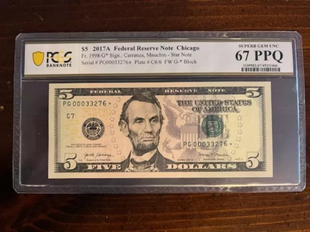 2017A $5 STAR NOTE Dollar Bill (CHICAGO) PCGS 67 PPQ Superb Gem  Uncirculated