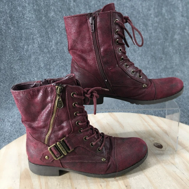 G by Guess Boots Womens 7 M Biker Booties Burgundy Leather Side Zip Buckle Cuban