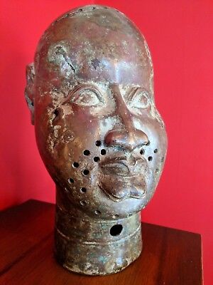 Large 13" AFRICAN BUST Benin TRIBAL HEAD Bronze Yoruba Mid Century Art Patina