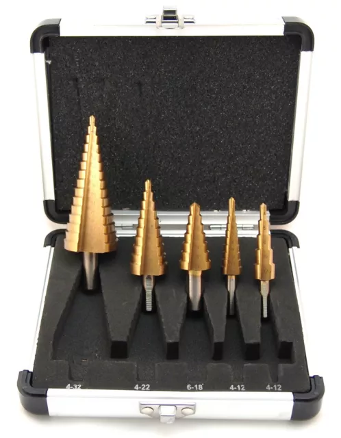 5 PC HSS Titanium Step Drill Bits Set Metric Sizes Bits Shank 4-32 mm