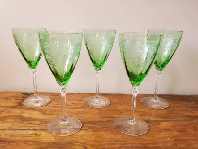 Vintage Green Etched Fostoria Acanthus Glass Water Goblets -Set of 5 -Rare -HTF