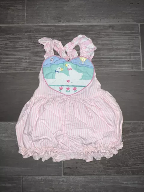Vintage Baby Girl Romper 3-6 Months Pink Striped Goose Geese