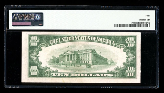 DBR 1934-B $10 Silver Vinson Fr. 1703 PMG AU-50 Serial B16497376A 2