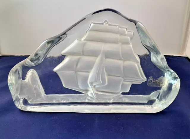 VTG. Swedish Clipper Ship Frosted Crystal Art Glass Paper Weight Large 3.5 lbs
