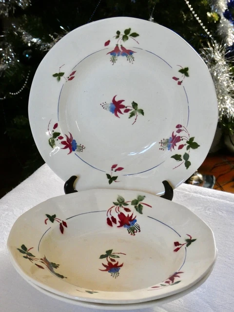 Lot 3 ASSIETTES CREUSES anciennes faïence SARREGUEMINES décor fushias "Bermudes"