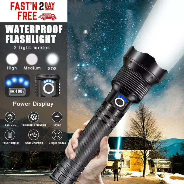 XHP90 Brightest 25000000LM LED Powerful Zoomable Torch Rechargeable Flashlight