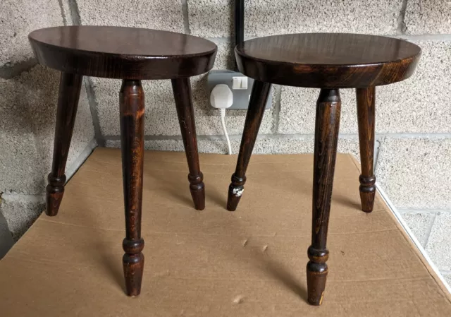 Pair Of Rustic Vintage Tripod Milking / Childs Stools Stool, Turned Legs, Wood