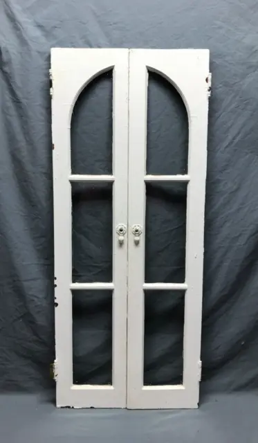 Pair Antique 3 Lite Arched Glass Cabinet Cupboard Window Doors VTG 9x44 112-24B