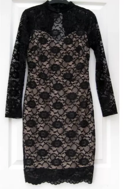 BNWT LIPSY Size 12 BLACK NUDE FLORAL LACE BODYCON DRESS, Long Sleeves New Mesh