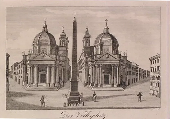 stampa originale del 1834 Piazza del Popolo Roma passepartout cm 35x30