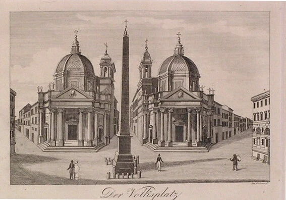 stampa originale del 1834 Piazza del Popolo Roma passepartout cm 35x30