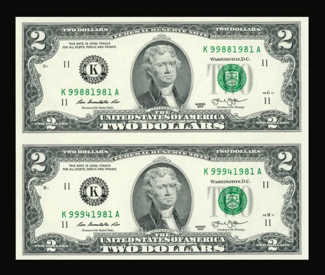 Uncut sheet of 2 $2 Bills Series 2013 Crisp Real Connected US Paper money