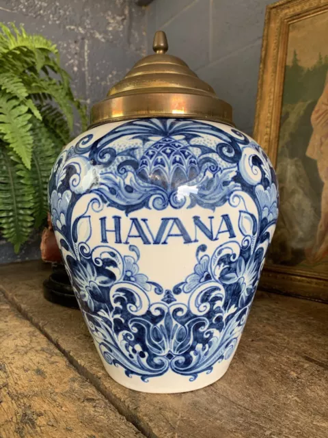 Antique Porcelain Dutch Delft Havana Cigar Tobacco Jar Hand Painted Brass RARE A