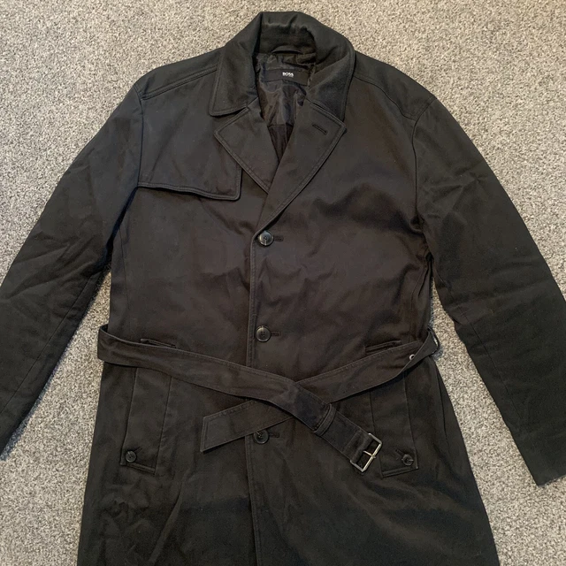 Hugo Boss Mens Trench Coat Size 50 Black Long Overcoat 100% Cotton Franco
