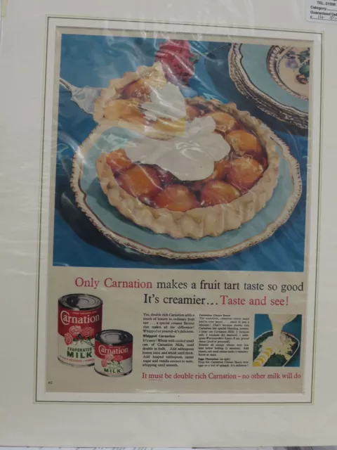 Original 1950's Vintage Mounted Advert Carnation Evaporated Milk & Fruit Tart