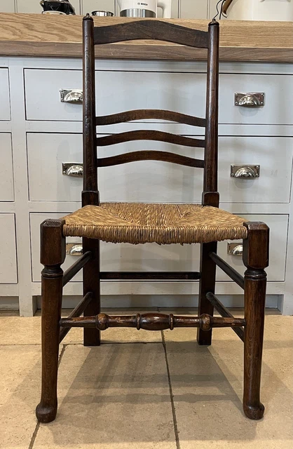 Arts & Crafts Pair of Oak Ladder Back Hall Chairs,Dining Chairs with Rush Seats