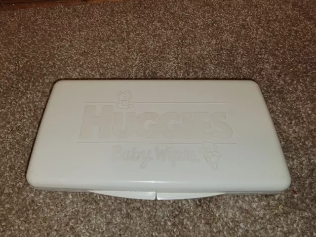 Contenedor de estuche de viaje ""toallitas para bebé"" de plástico blanco vintage HUGGIES (VACÍO)