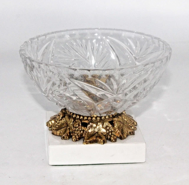 VINTAGE CRYSTAL GLASS Bowl Candy Dish Brass Stand Marble Base Italian