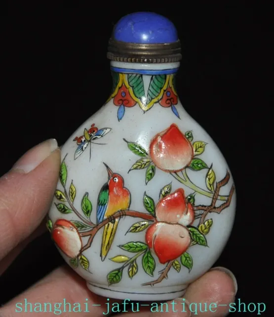 2.8" China Ancient Glass Colored glaze flowers Peach statue snuff bottle