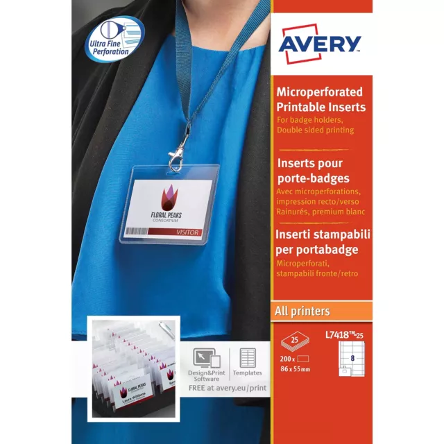 Avery L7418-25 Printable Double-Sided Name Badge Inserts, 8 Badges Per A4 Sheet,