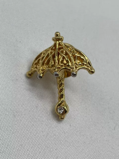 Avon Parasol Umbrella Lapel Hat Jacket Pin Gold Color Metal Faux Jewel