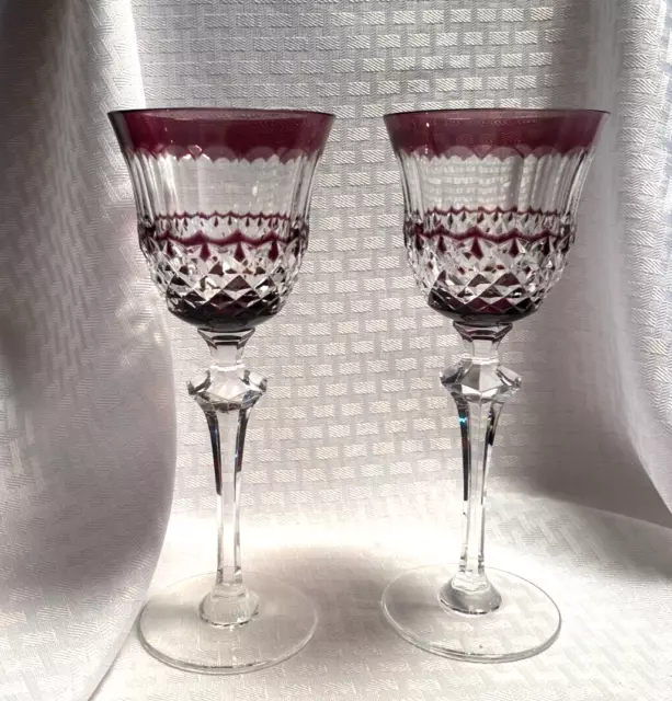 Cristal De Paris Pair Wine Glasses Amethyst Purple Cut To Clear Crystal Bohemian