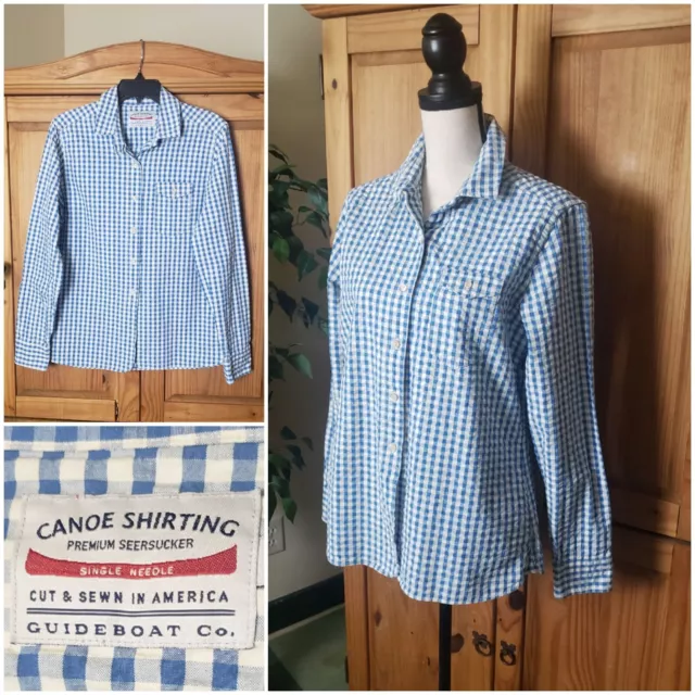 Guideboat Canoe Shirting Outdoors Womens Large 12-14 Seersucker Blue Check Shirt