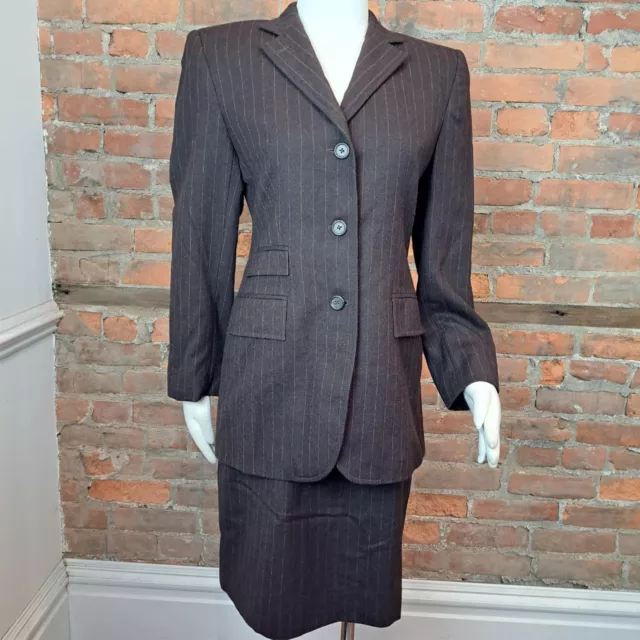 Lauren Ralph Lauren Skirt Suit Brown Gold Pinstripe Worsted Wool Lined  8