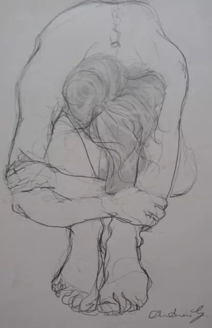 Original ausdrucksstarke Bleistiftzeichnung Skizze einer weiblichen / männlichen nackten hockenden Pose