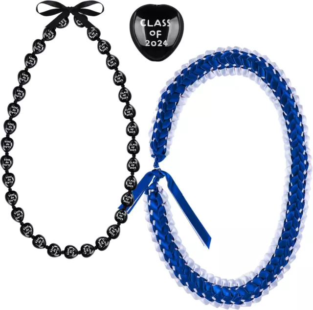 2 Pcs Graduation Leis Class of 2024 Kukui Nut Leis Beads Necklaces Handmade Ribb