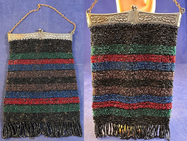 Vintage 1920s Art Deco Multicolor Striped Beaded Holly Frame Flapper Bag Purse