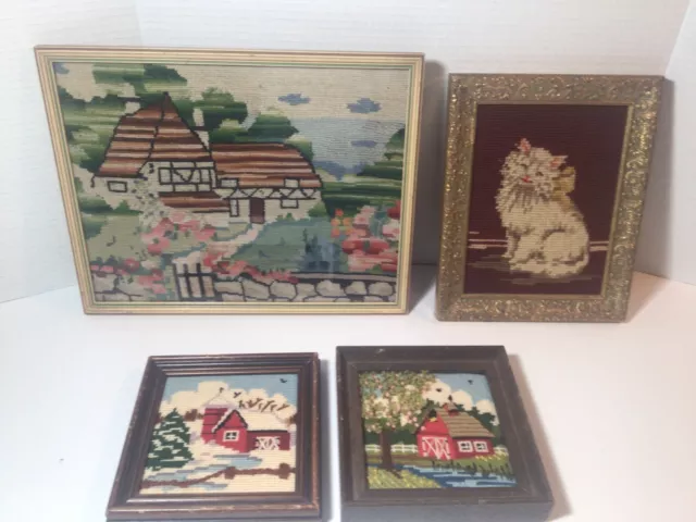 Lot Of 4 Vintage Needlepoint Wall Art Pictures Framed Cat Cottage Barn