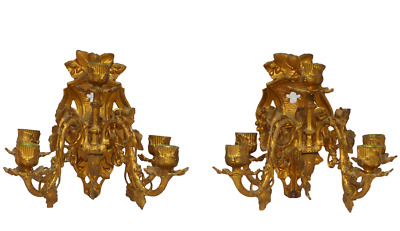 Rare Antique FRENCH Pair Gilded Bronze Wall Light Sconce Candlestick 19TH Church