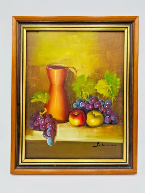 Framed Vintage Original Still Life Painting Jug Grapes Vines Fruit SIGNED 47x37