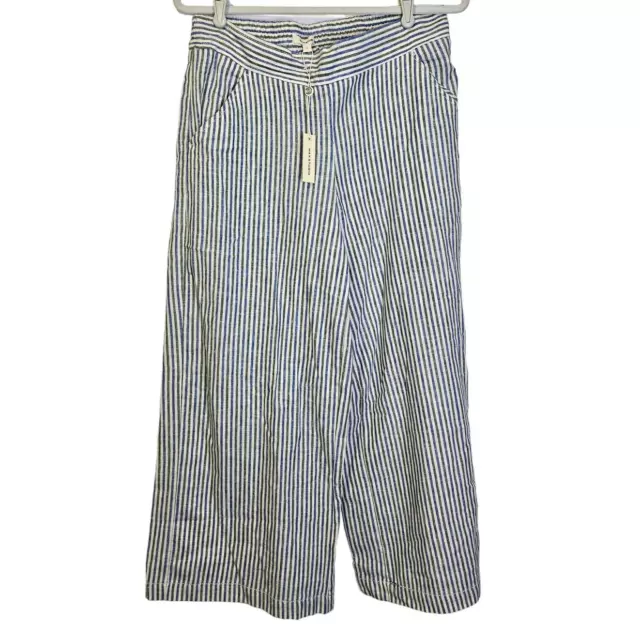 NEW Max Studio L Linen Cotton Wide Leg Blue Green Stripe Pant Lagenlook Coastal