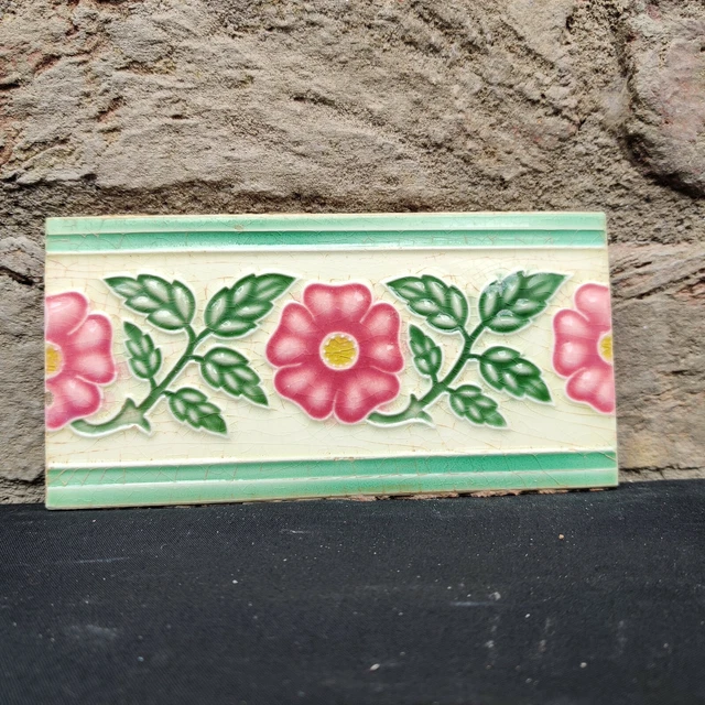 1940s Vintage Architecture Furniture Tile 2 Pc Floral Majolica Art Nouveau Japan 3