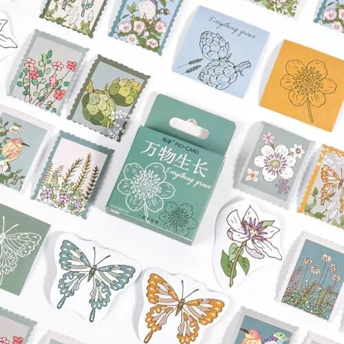 Butterfly Bird & Flower Stamp Stickers Mini Box | 46 Paper Peel Off Sticker |