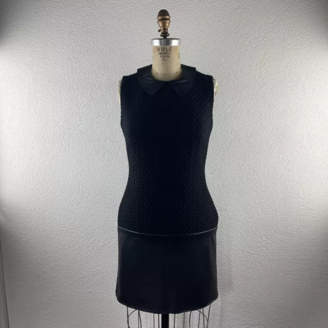 Rachel Zoe l 0 Retro Textured Tweed Lamb Leather Peter Pan Collar Mod Mini Dress