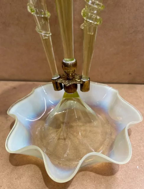 Antique Victorian Vaseline Uranium Glass 3 Flute Epergne (19 1/2 Inches Tall) 3