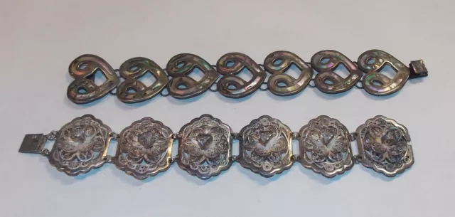 Vintage Mexico Sterling Silver Bracelets ~ Abalone Link & Filligree