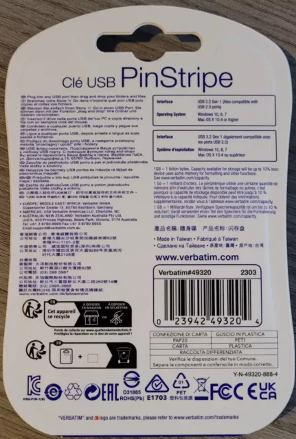 Clé USB Verbatim PinStripe USB 3.2 GEN 1 Drive Stockage 256 GB/GO NEUF 2