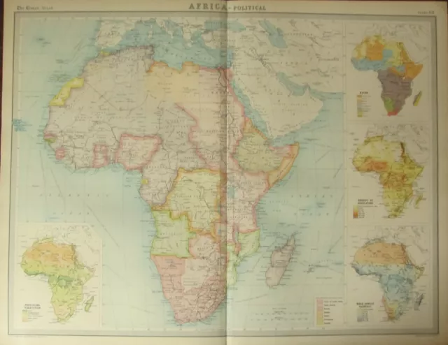 1922 Large Antique Map ~ Africa Political ~ Inset Mean Rainfall Population Races