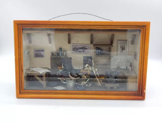 Vintage Harley Davidson Indian Motorcycle Shop Diorama Shadow Box Wall Display