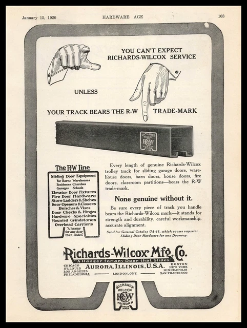 1920 Richards Wilcox Aurora Illinois Sliding Garage Door Trolley Tracks Print Ad