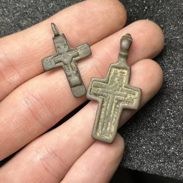 Antique Bronze Russian Orthodox Cross 18-19 century Pendant Lot Of 2pc