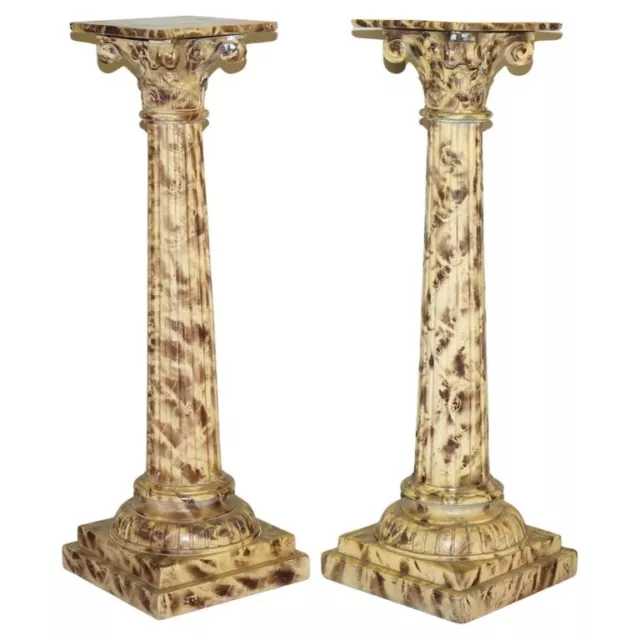 Pair Of Antique Hand Carved Corinthian Pillar Pedestal Stands Faux Marble Paint