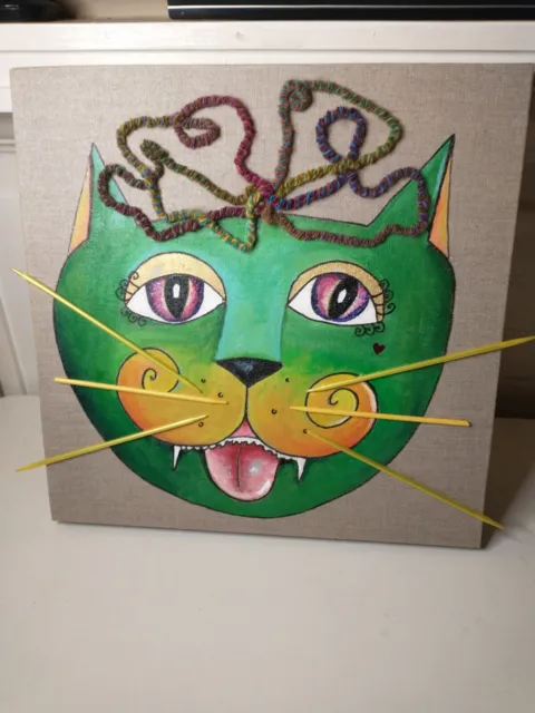Cat Original Art Knitty Kitty Acrylic Painting Abstract Mixed Media Canvas 16"