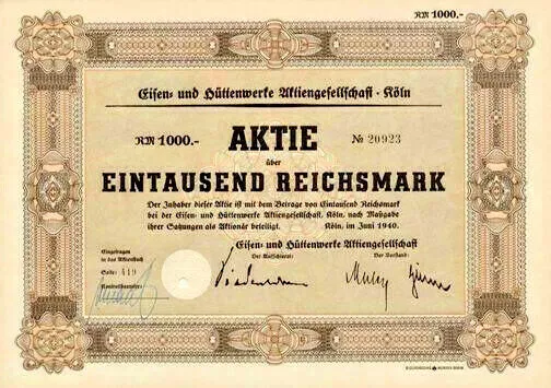 LOT 10 x Eisen- und Hüttenwerke AG Köln Aktie 1940 Andernach EHW Rasselstein NRW